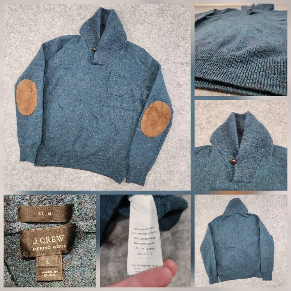 J Crew Women Merino Wool Slim Blue Shawl Collar Leather Elbow Patch Sweater READ